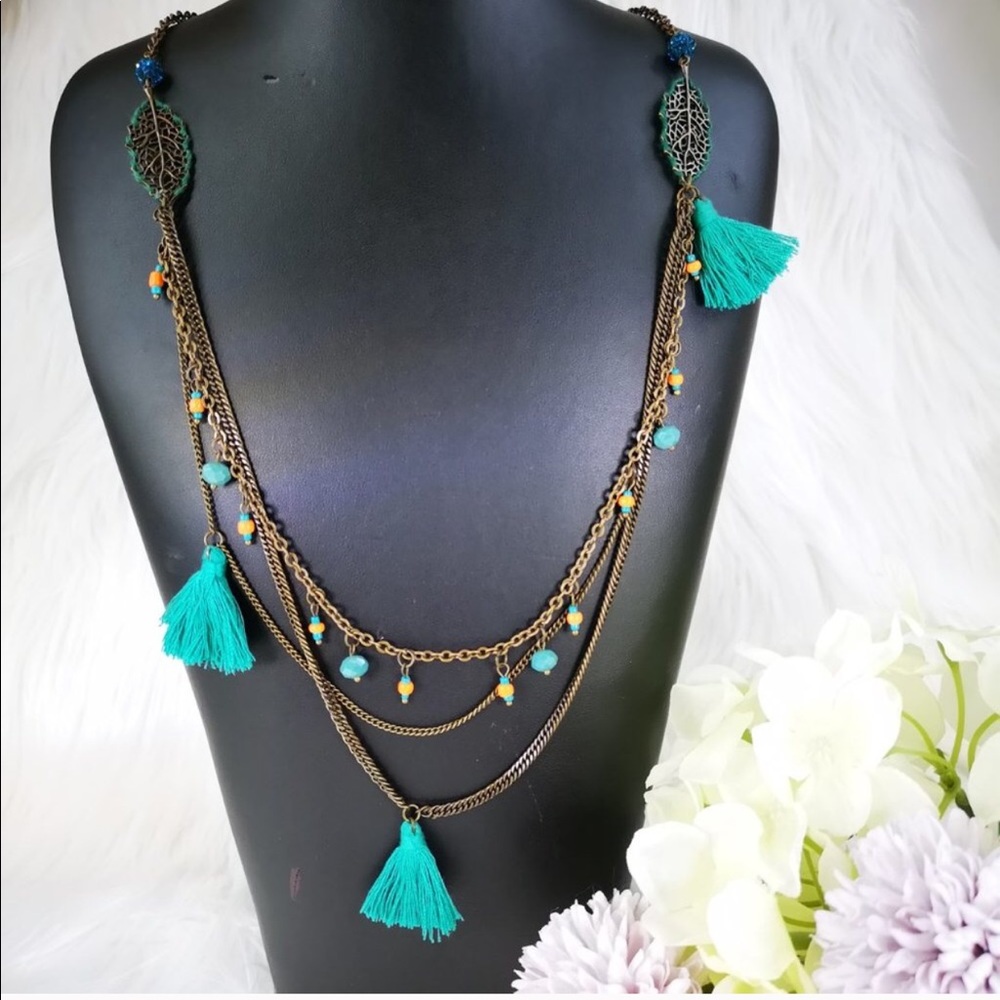 Boho Teal Tassel Layered Necklace - Women Jewelry Necklaces